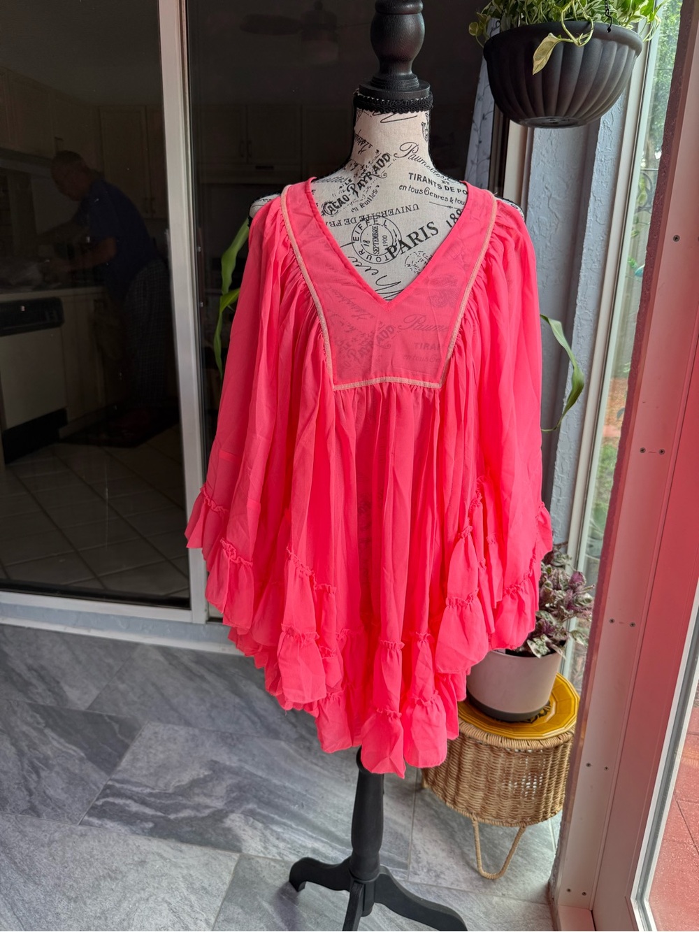 Bright Coral Pink Boho Peasant Tunic